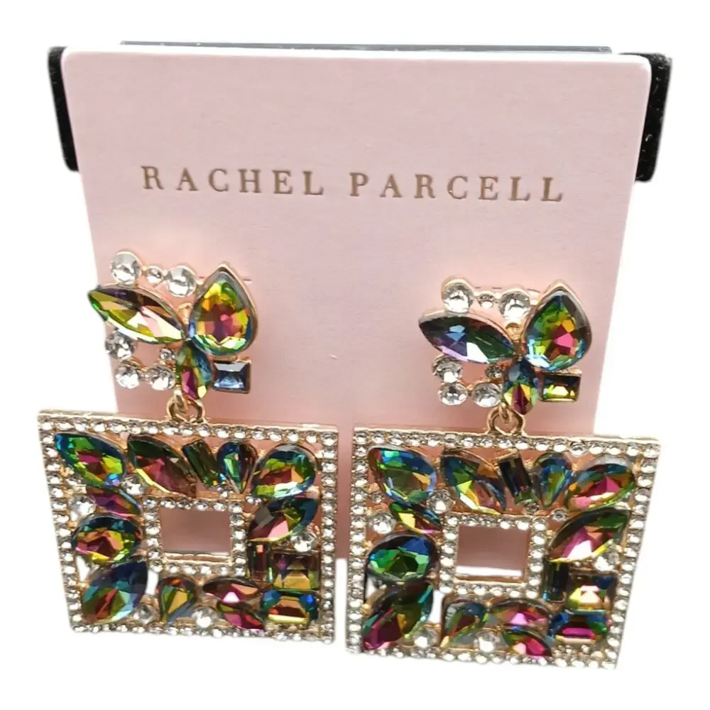 Rachel Parcell Statement Square Drop Earrings Multi-Color Crystal Rhinestone - Picture 5 of 5